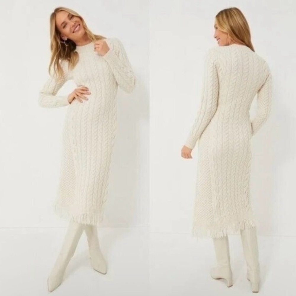 🤍NWT HYACINTH HOUSE Cream Freya Fringe Sweater Midi Dress Cable Knit LARGE🤍
